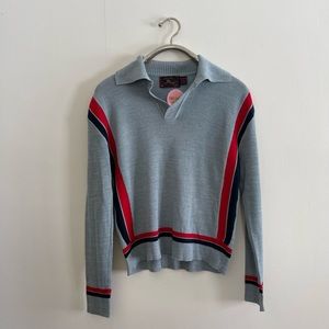 VTG 70s Sundowner Light Blue Knit Polo Sweater with Navy and Red Stripes